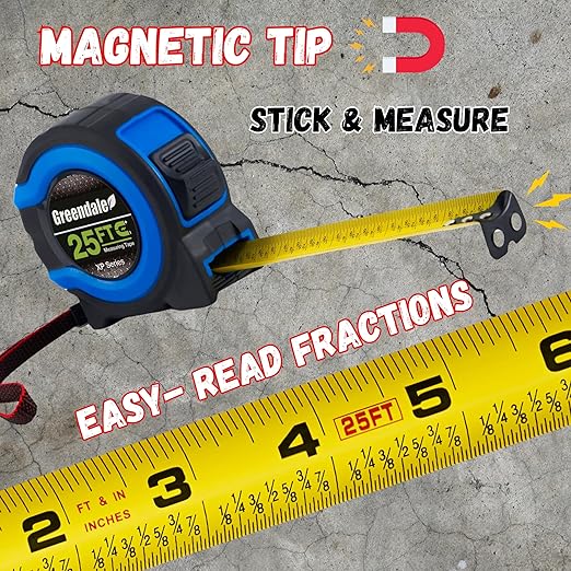 Greendale - 3 Pack - Tape Measures 25 ft - Easy to Read Fractions to 1/8th inch - Magnetic Tip - Thumb and Quick Lock - Autowind - Belt Clip - Blue - Measuring Tape Retractable