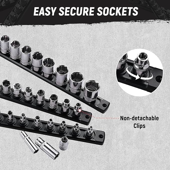 ALOANES Magnetic Socket Organizer, 1/2-Inch Drive Aluminum Socket Holder Socket Tray, Heavy Duty Socket Rail Organizer for Tool Box Drawer, 360°Swivel Clips Socket Rack 1/2-Inch x 12 Clips (Black)