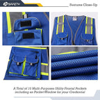 JKSafety 10 Pockets Hi-Vis Neon Color Frontal Zipper Mesh Safety Vest for Men Women Safety Utility for works Comply to ANSI/ISEA Standards (86-Blue M)