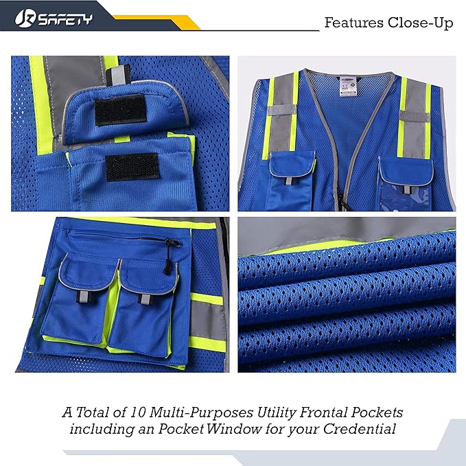 JKSafety 10 Pockets Hi-Vis Neon Color Frontal Zipper Mesh Safety Vest for Men Women Safety Utility for works Comply to ANSI/ISEA Standards (86-Blue 4XL)