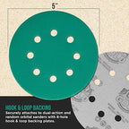 Dura-Gold Premium 320 Grit 5" Green Film Sanding Discs, 8-Hole Pattern, Box of 50 - Dustless Hook & Loop Backing Sandpaper for DA & Random Orbital Sanders, Sand Automotive Paint Woodworking Furniture