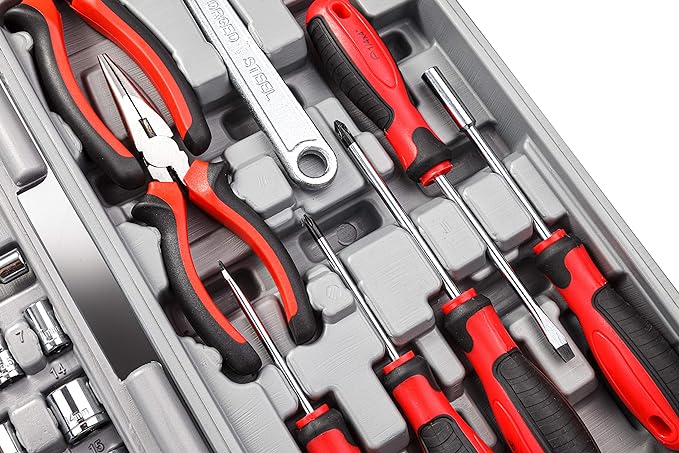 CARTMAN 205 Piece Ratchet Wrench Tool Set 1/4" & 3/8" & 1/2" Drive with SAE/Metric Sockets Kit in Plastic Toolbox