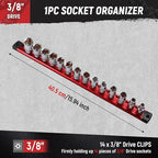 ALOANES Magnetic Socket Organizer, 3/8-Inch Drive Aluminum Socket Holder Socket Tray, Heavy Duty Socket Rail Organizer for Tool Box Drawer, 360°Swivel Clips Socket Rack 3/8-Inch x 14 Clips (Red)