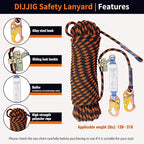 Rope Harness Safety Lanyard 50ft Vertical Roofing Rope with Grab Snap Hooks Shock Absorber Fall Protection Tree Climbing Line Kit Heavy Duty Roof Safety Equipment ANSI CE