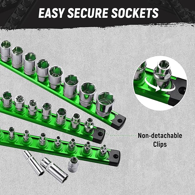 ALOANES Magnetic Socket Organizer Set, 3-Piece Heavy Duty Aluminum Socket Holder Socket Rail Organizer for Tool Box, 360° Swivel Clips Socket Rack 1/4, 3/8, 1/2-Inch x 40 Clips (Green)