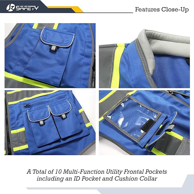 JKSafety 10 Pockets Hi-Vis Zipper Front Fluorescent Blue Safety Vest | Cushioned Collar | High Reflective Tapes with Extended Neon Yellow Strips | Meets ANSI/ISEA Standards (4X-Large, 89-Blue)