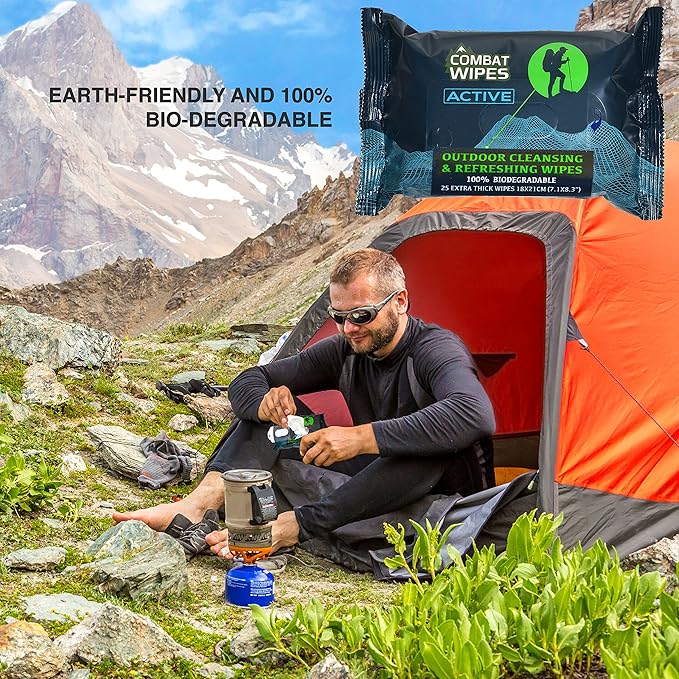 Combat Wipes ACTIVE Outdoor Wet Wipes - Extra Thick Camping Gear, Biodegradable, Body & Hand Cleansing/Refreshing Cloths for Backpacking & Gym w/Natural Aloe & Vitamin E (Active, 75 Counts)
