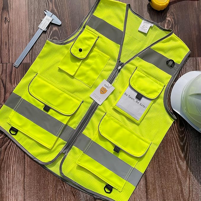 TCCFCCT Mesh Hi Vis Vest 9 Pockets High Visibility Reflective Safety Vest for Men Women, Safety Construction Vest with Reflective Strips, Meets ANSI/ISEA Standards, (Yellow, Medium)