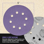 Dura-Gold Premium 100 Grit 5" Purple Film Ceramic Sanding Discs, 8-Hole Pattern, Box of 50 - Dustless Hook & Loop Backing Sandpaper for DA & Random Orbital Sanders - Sand Auto Paint, Wood, Woodworking